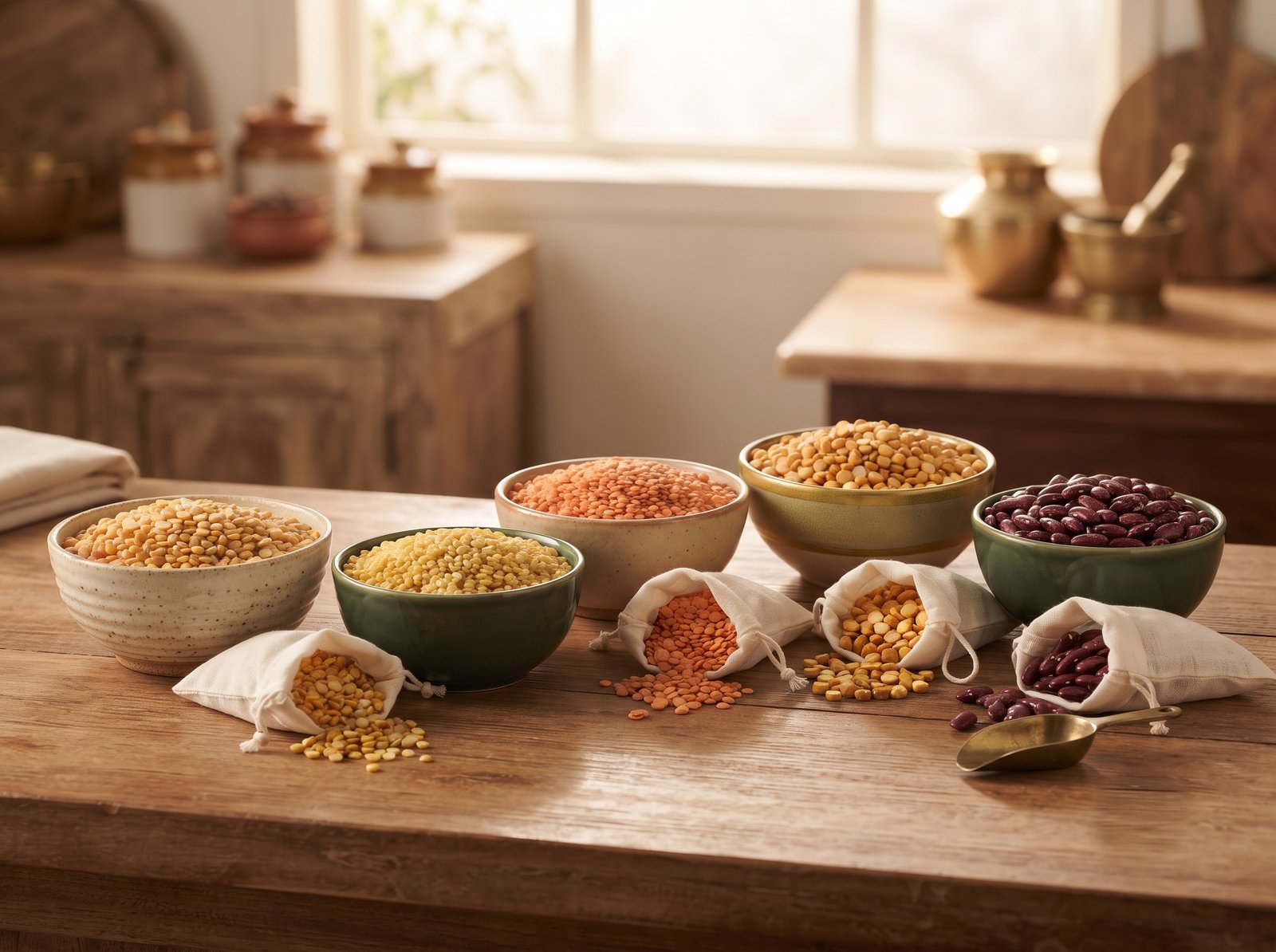 Assorted pulses including toor, moong, masoor, chana and rajma in bowls