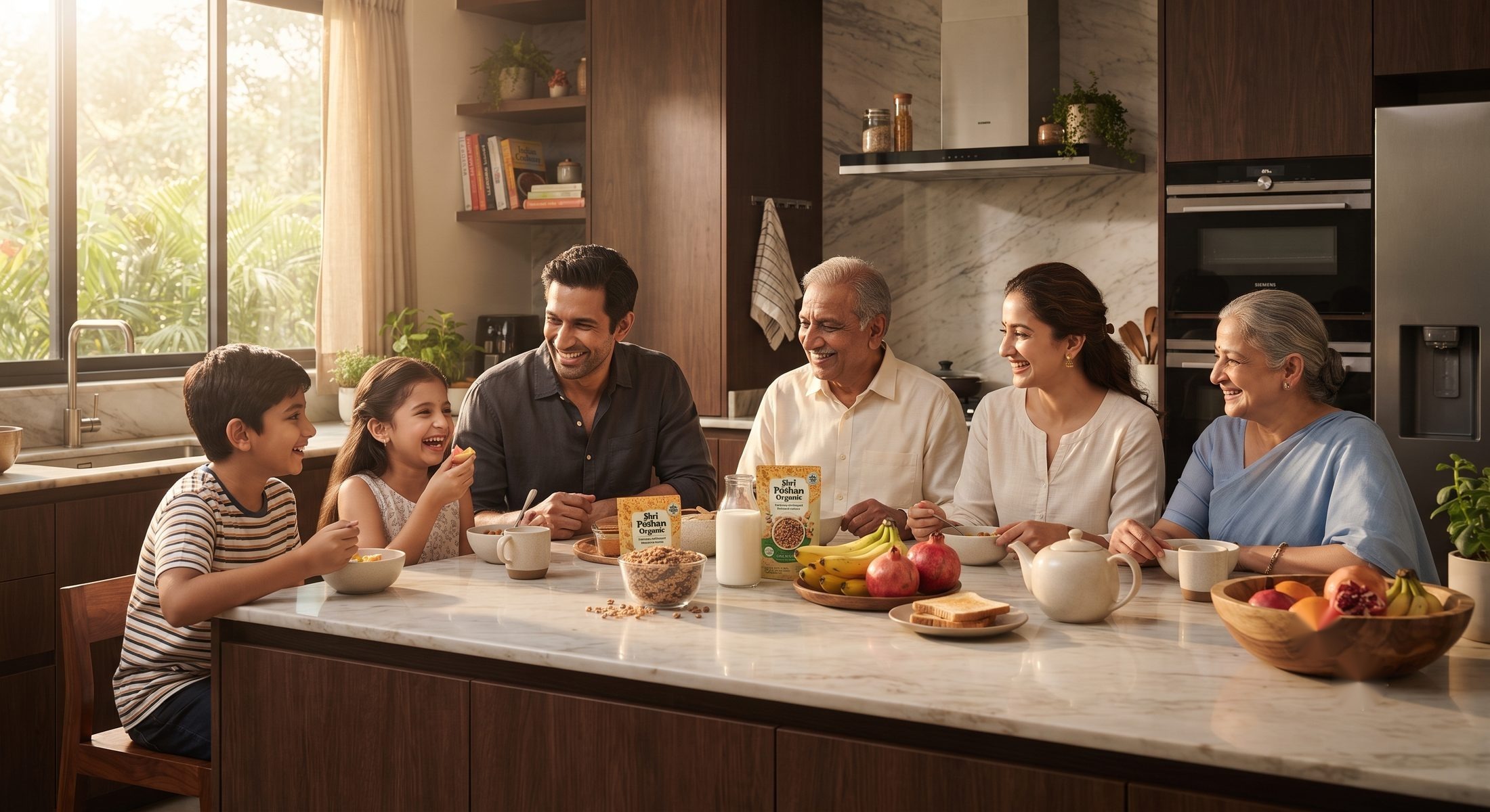 Multi-generation Indian family sharing a healthy home-cooked meal together