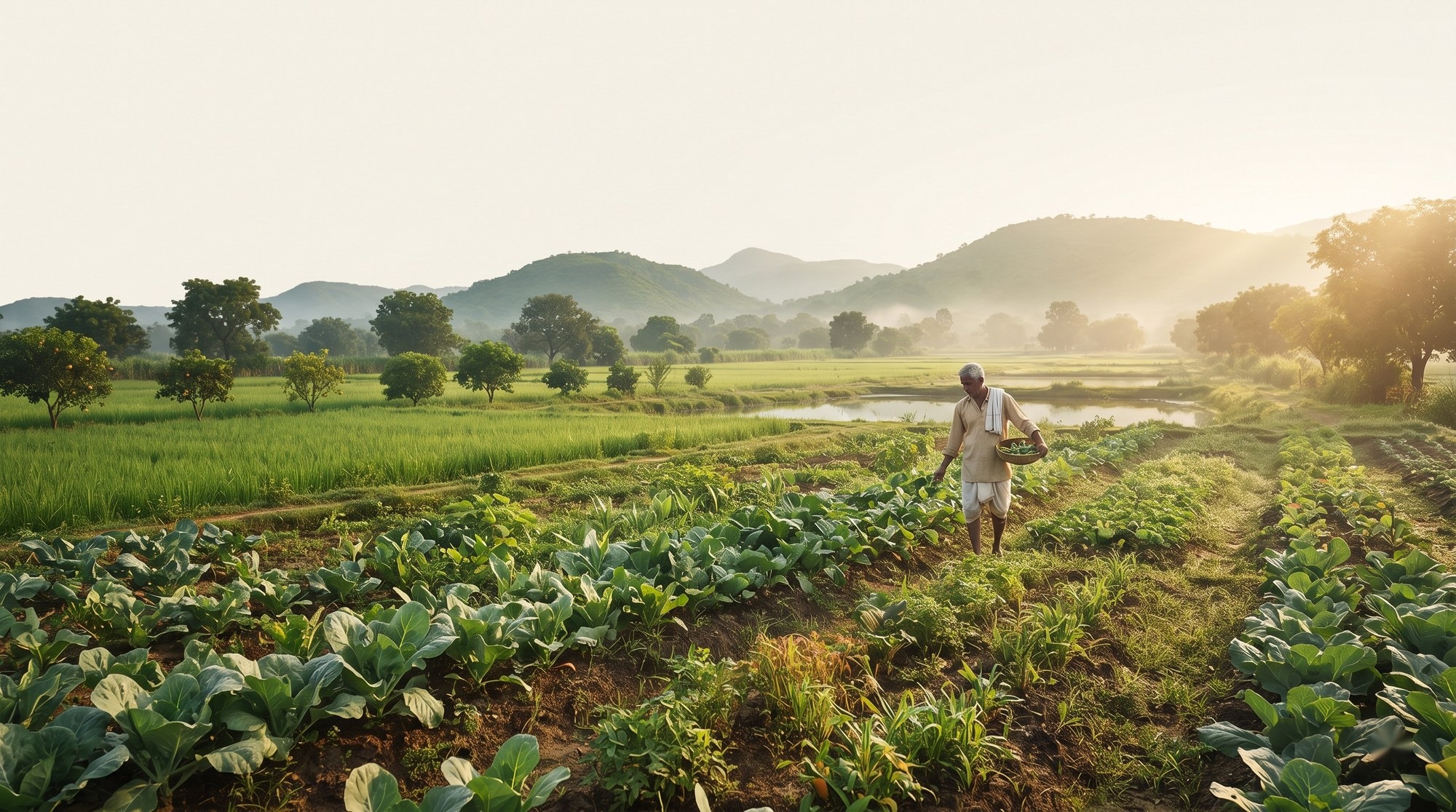 Indian farmer walking through a green vegetable field at sunrise carrying a harvest basket